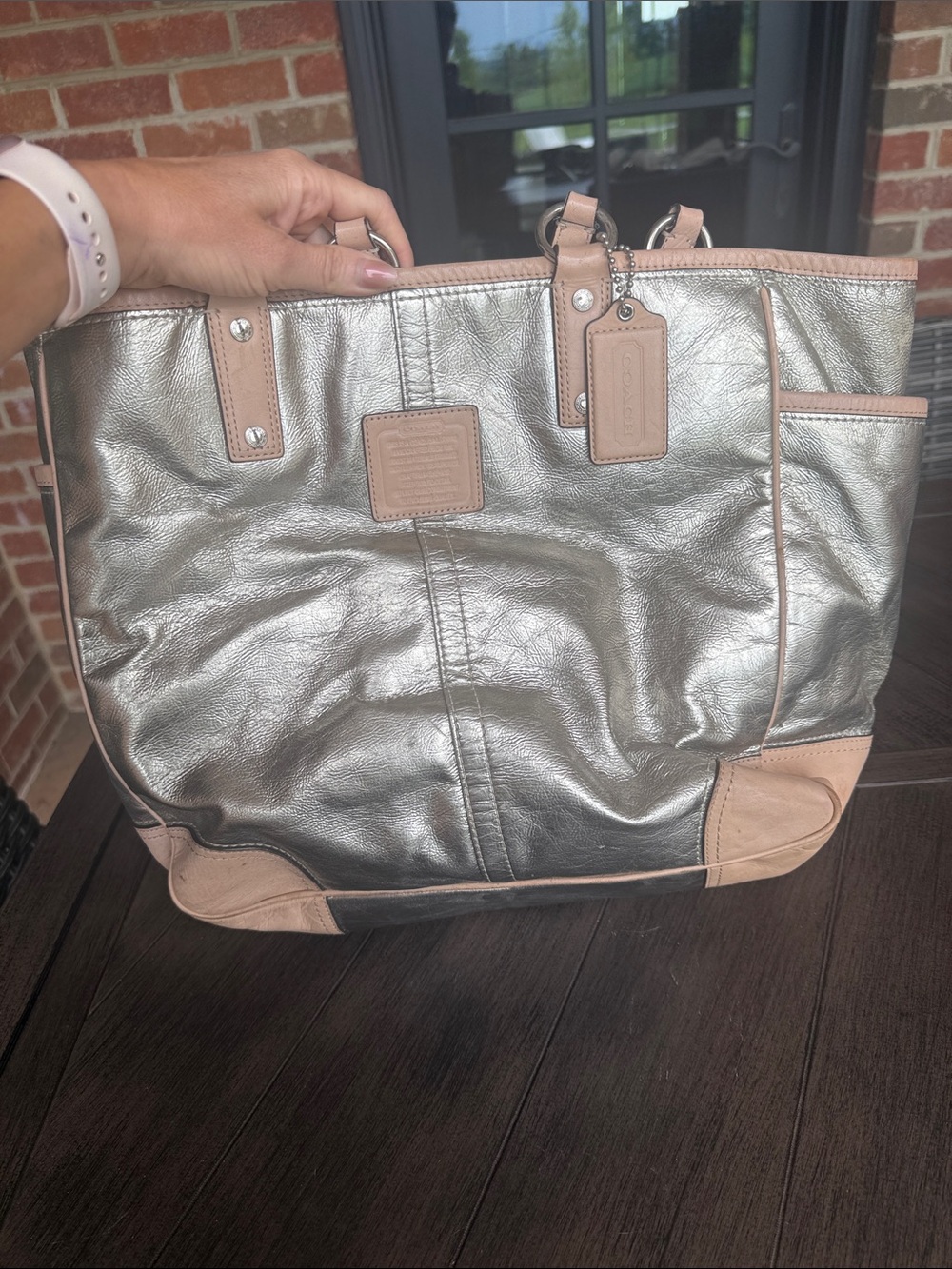 Coach Metallic Silver Tote with Nude Trim